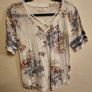 Maurices Floral V-Neck Short Sleeve Top - Blue and Brown